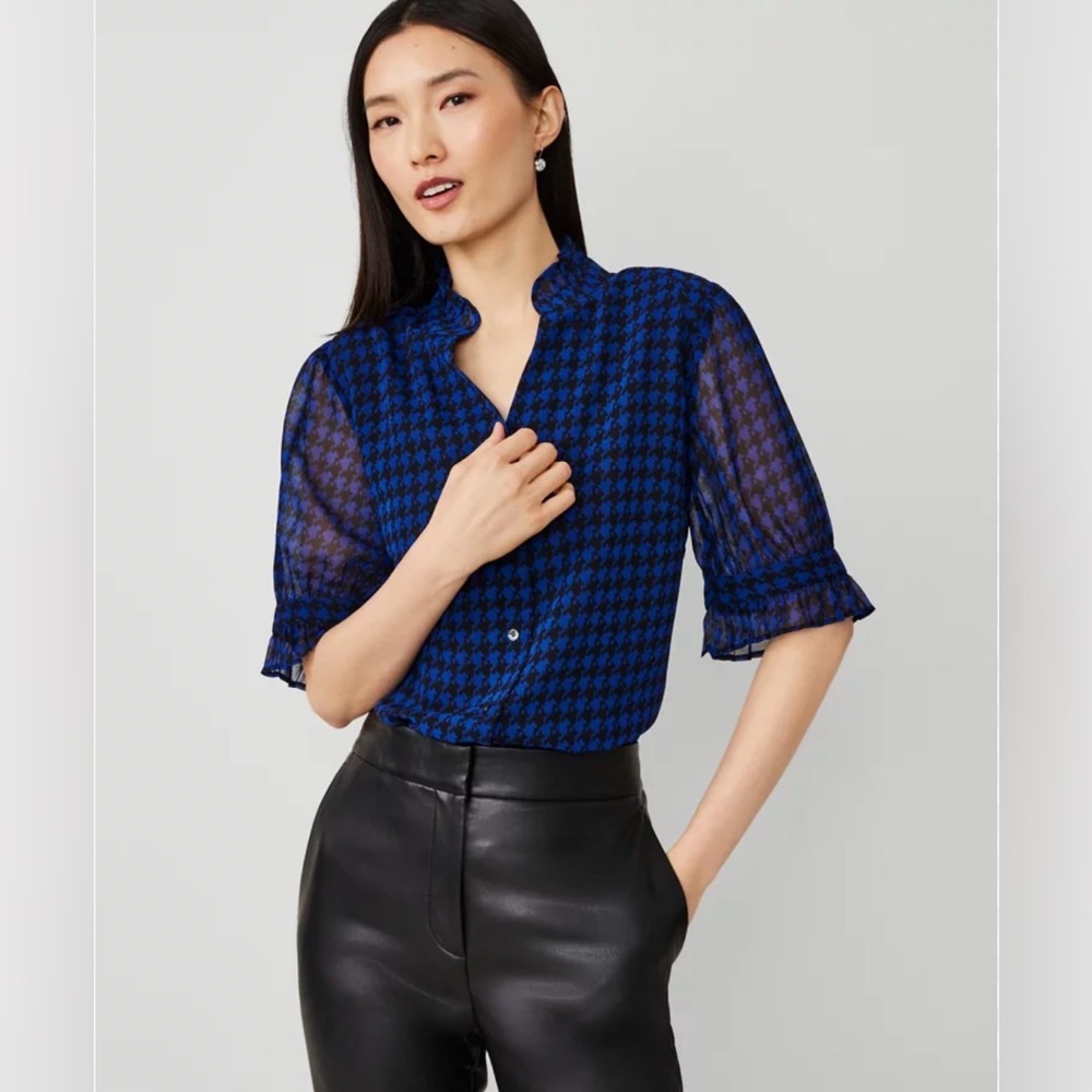 Ann Taylor, cobalt blue and black houndstooth, sheer sleeve button down blouse S
